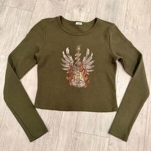 GARAGE Waffle Knit Olive Green Graphic Long Sleeve Top